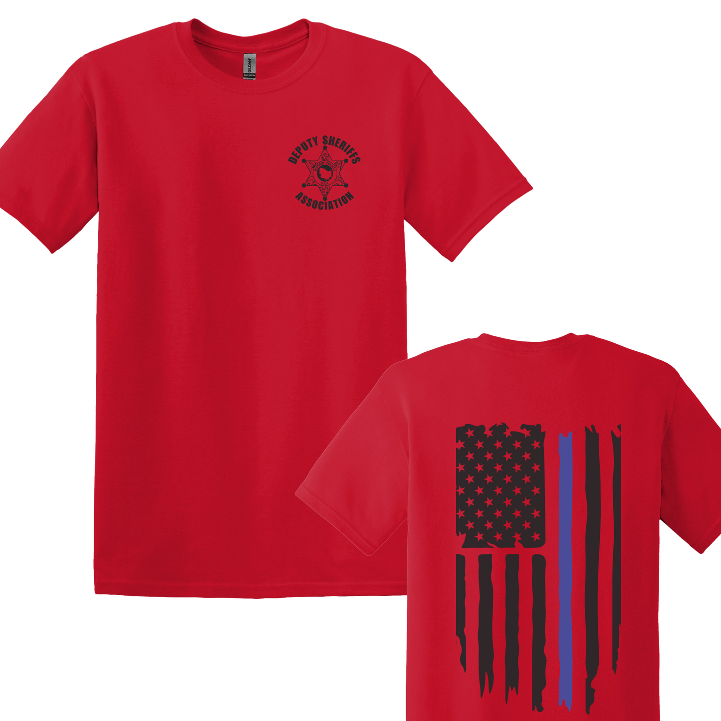 Gildan Heavy Cotton Short Sleeve T-Shirt, Deputy Chest Logo and Back Thin Blue Line Flag