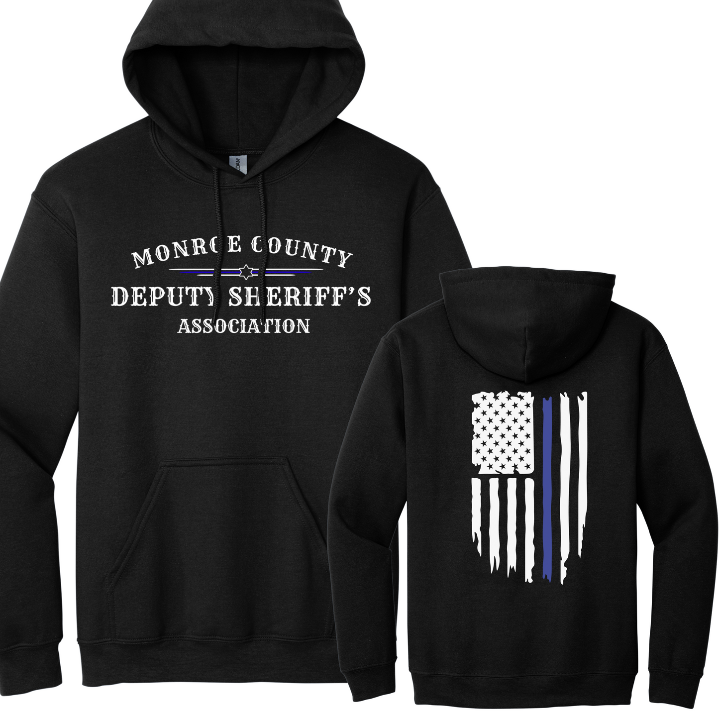 Gildan Pullover Hoodie Large Front MCDSA Logo and Back Thin Blue Line Flag