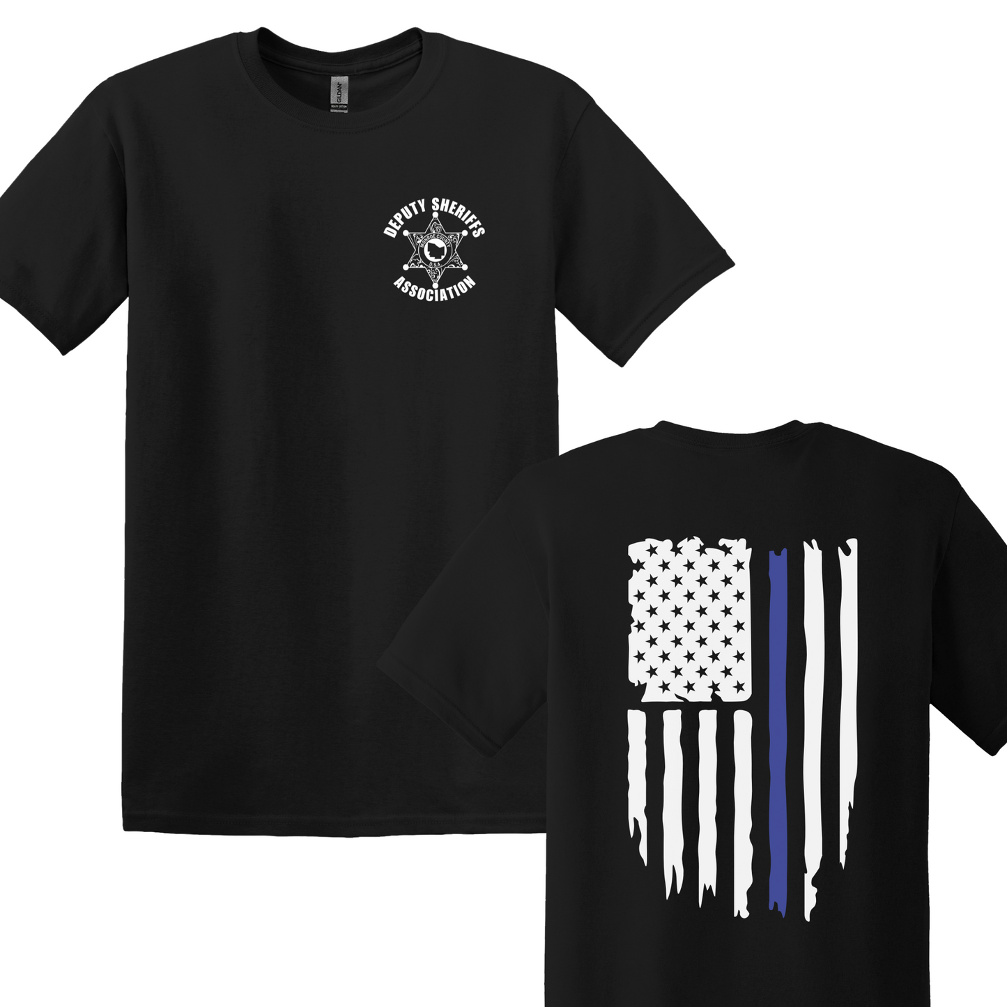 Gildan Heavy Cotton Short Sleeve T-Shirt, Deputy Chest Logo and Back Thin Blue Line Flag