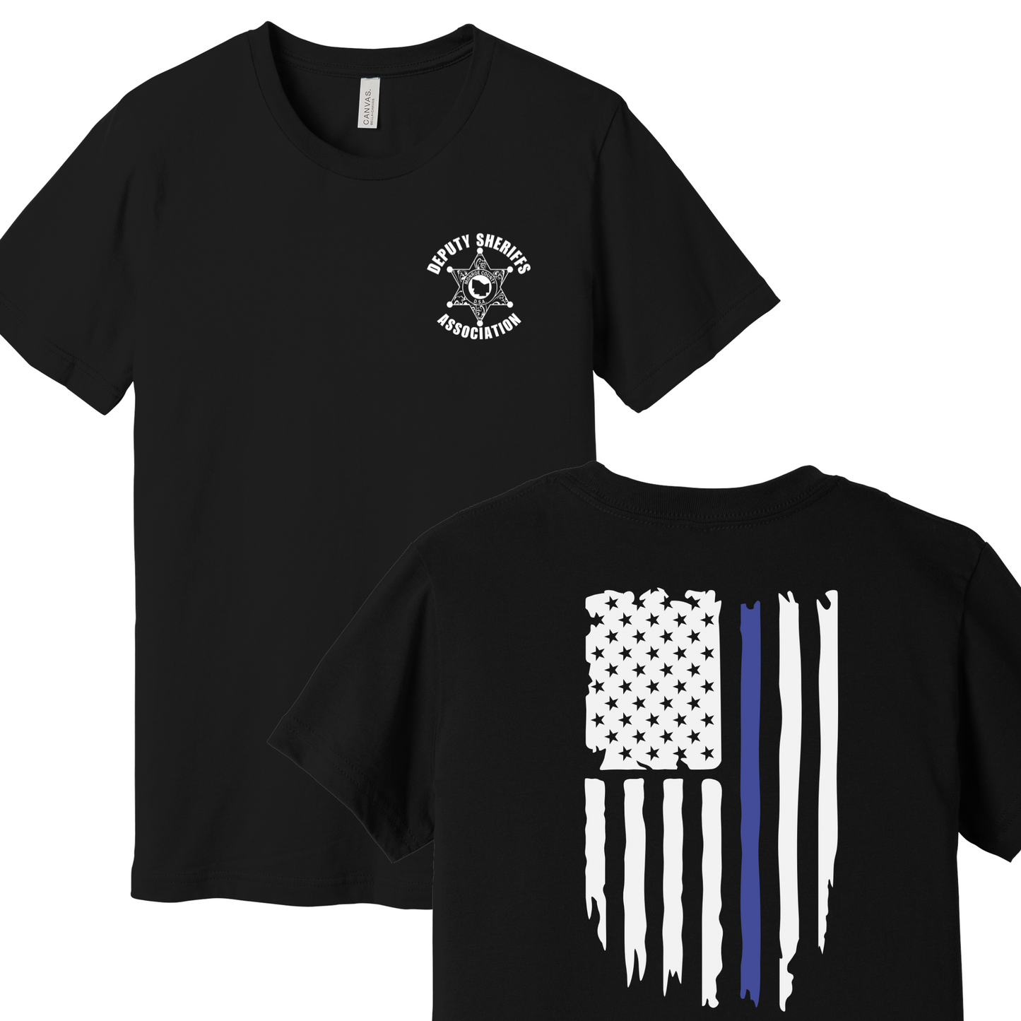 Bella Canvas Short Sleeve T-Shirt Sheriff Deputy Logo Chest w/thin blue line flag on back
