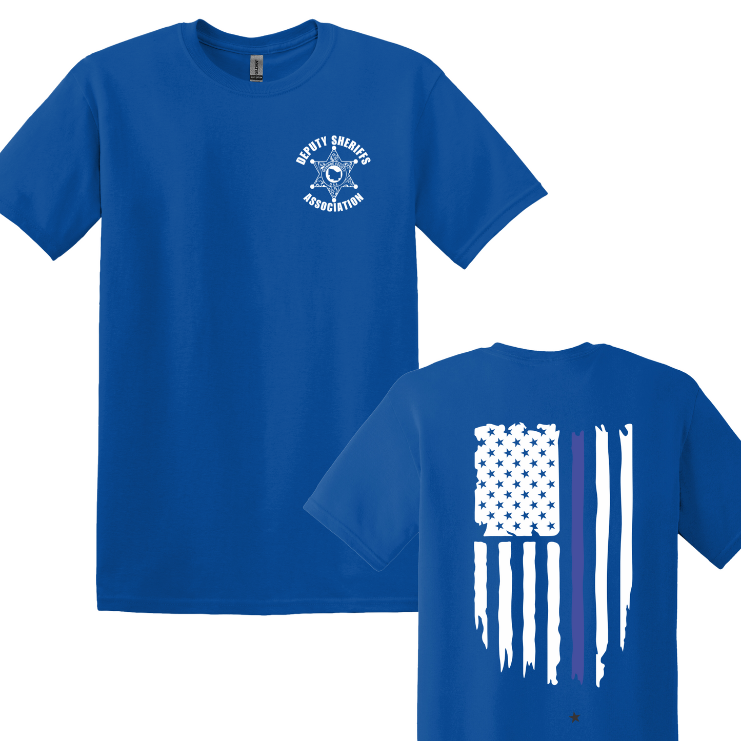 Gildan Heavy Cotton Short Sleeve T-Shirt, Deputy Chest Logo and Back Thin Blue Line Flag