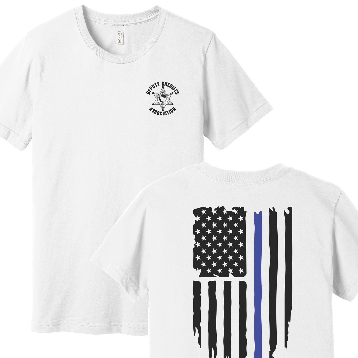 Bella Canvas Short Sleeve T-Shirt Sheriff Deputy Logo Chest w/thin blue line flag on back