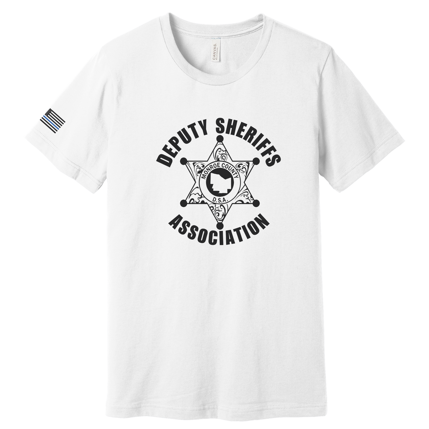 Bella Canvas Short Sleeve T-Shirt Sheriff Deputy Logo Large Front w/thin blue line flag on sleeve