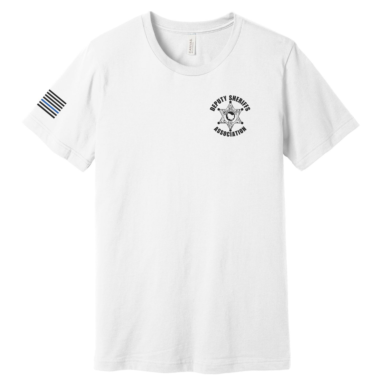 Bella Canvas Short Sleeve T-Shirt Sheriff Deputy Logo Chest w/thin blue line flag on sleeve