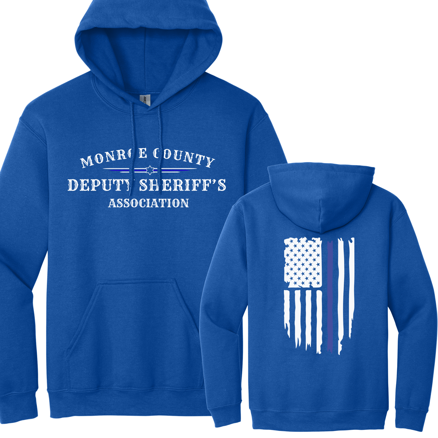 Gildan Pullover Hoodie Large Front MCDSA Logo and Back Thin Blue Line Flag