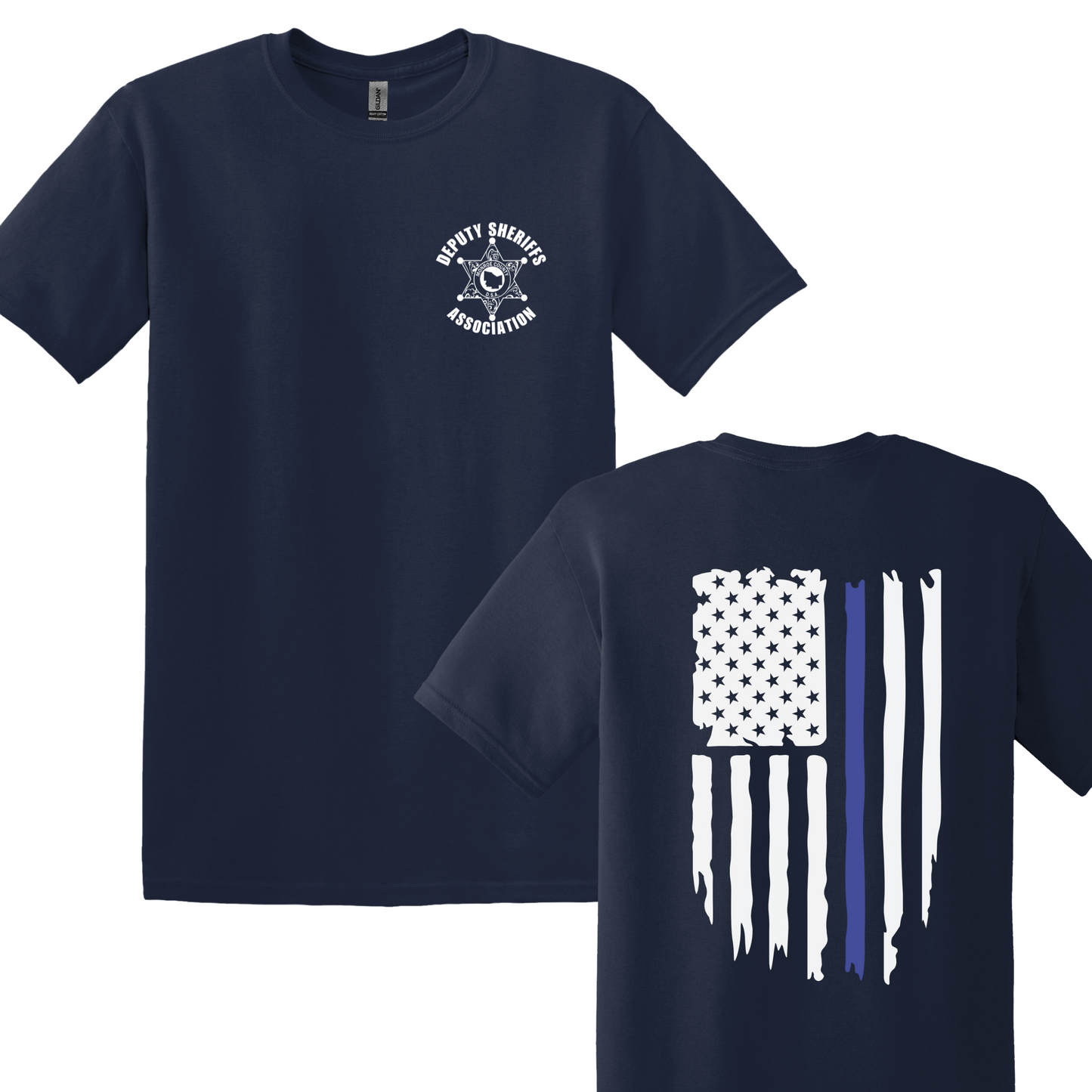 Gildan Heavy Cotton Short Sleeve T-Shirt, Deputy Chest Logo and Back Thin Blue Line Flag