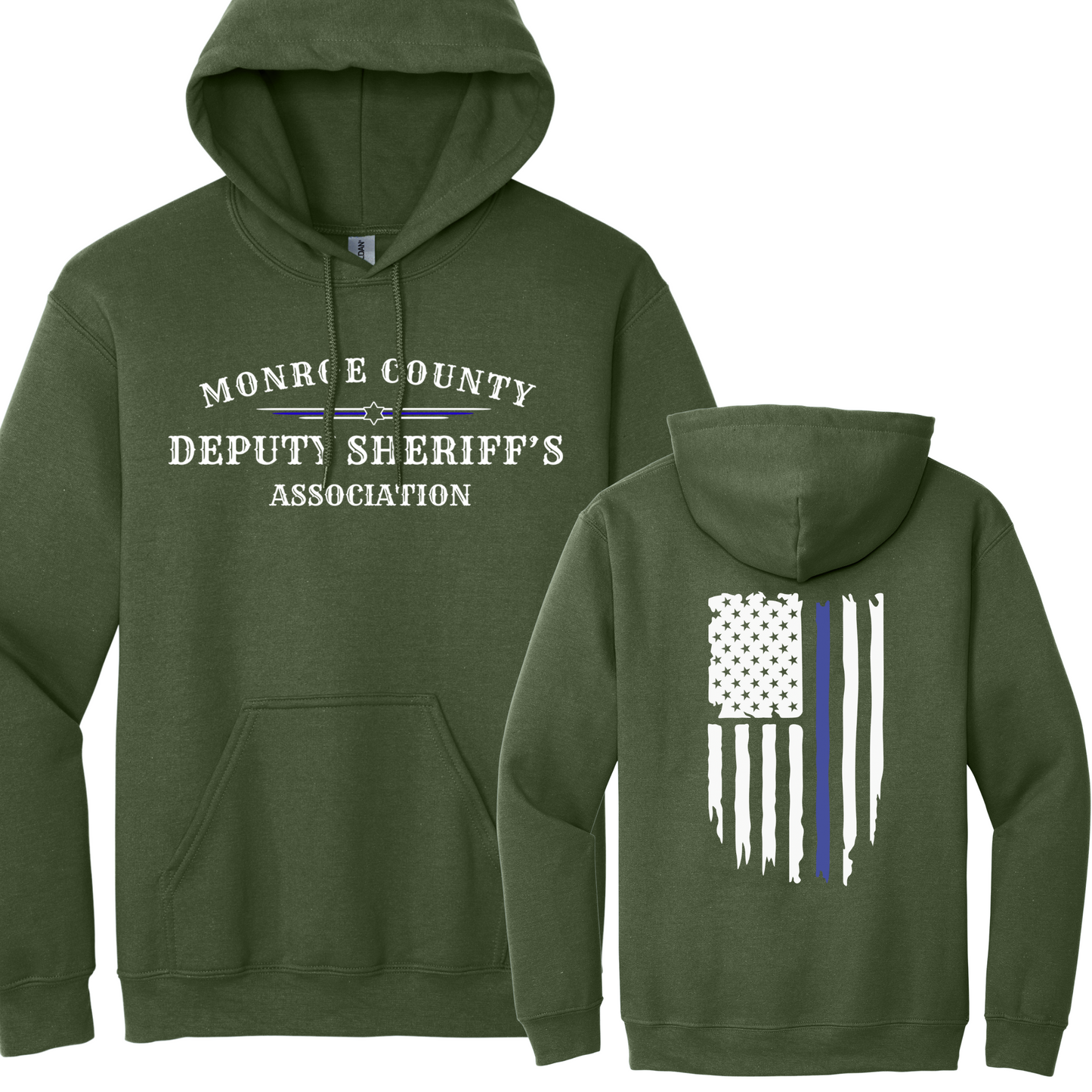 Gildan Pullover Hoodie Large Front MCDSA Logo and Back Thin Blue Line Flag