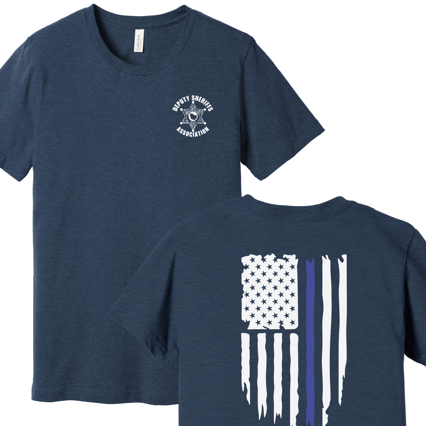 Bella Canvas Short Sleeve T-Shirt Sheriff Deputy Logo Chest w/thin blue line flag on back