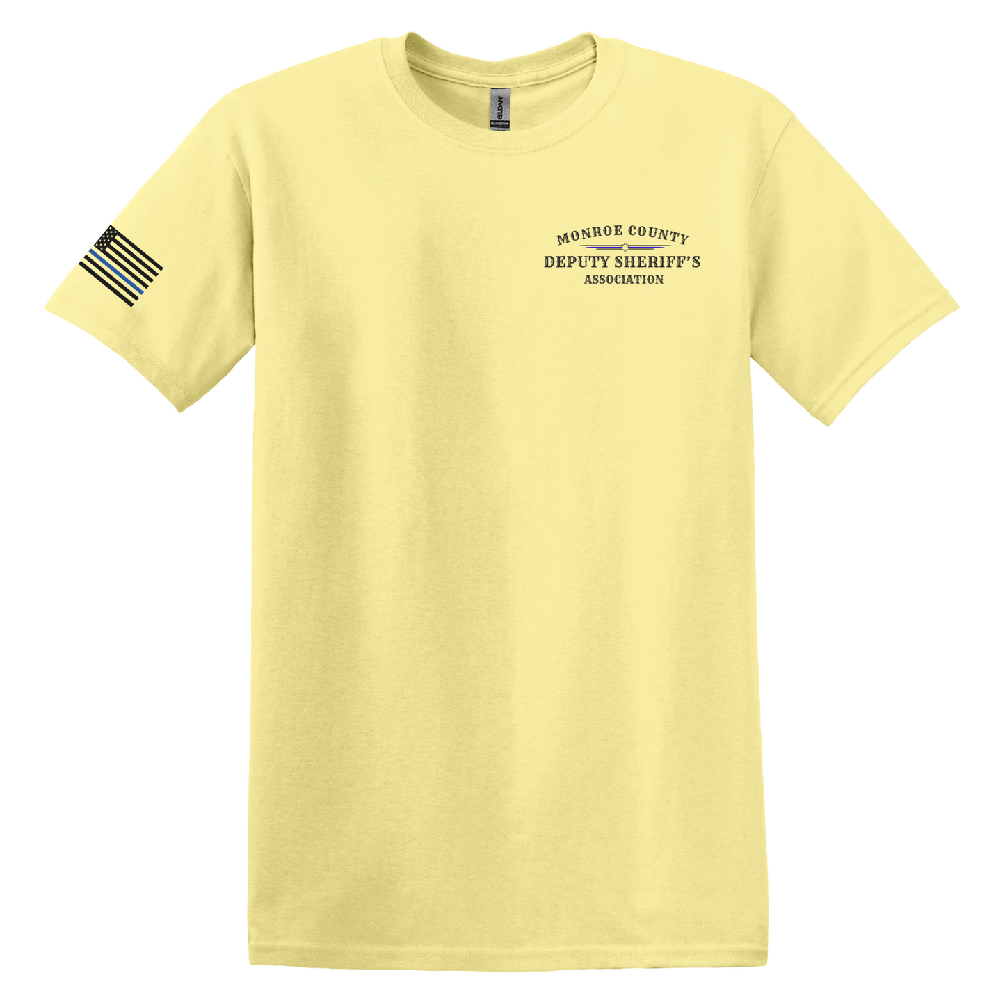 Gildan Heavy Cotton Short Sleeve T-Shirt, MCDSA Chest Logo and thin blue line flag on sleeve