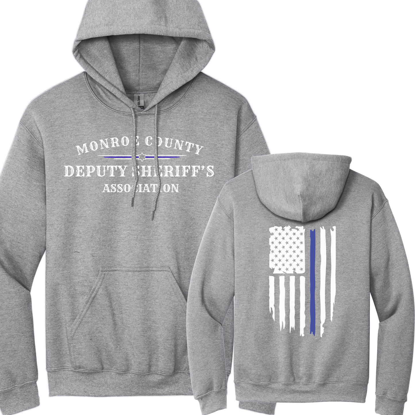 Gildan Pullover Hoodie Large Front MCDSA Logo and Back Thin Blue Line Flag
