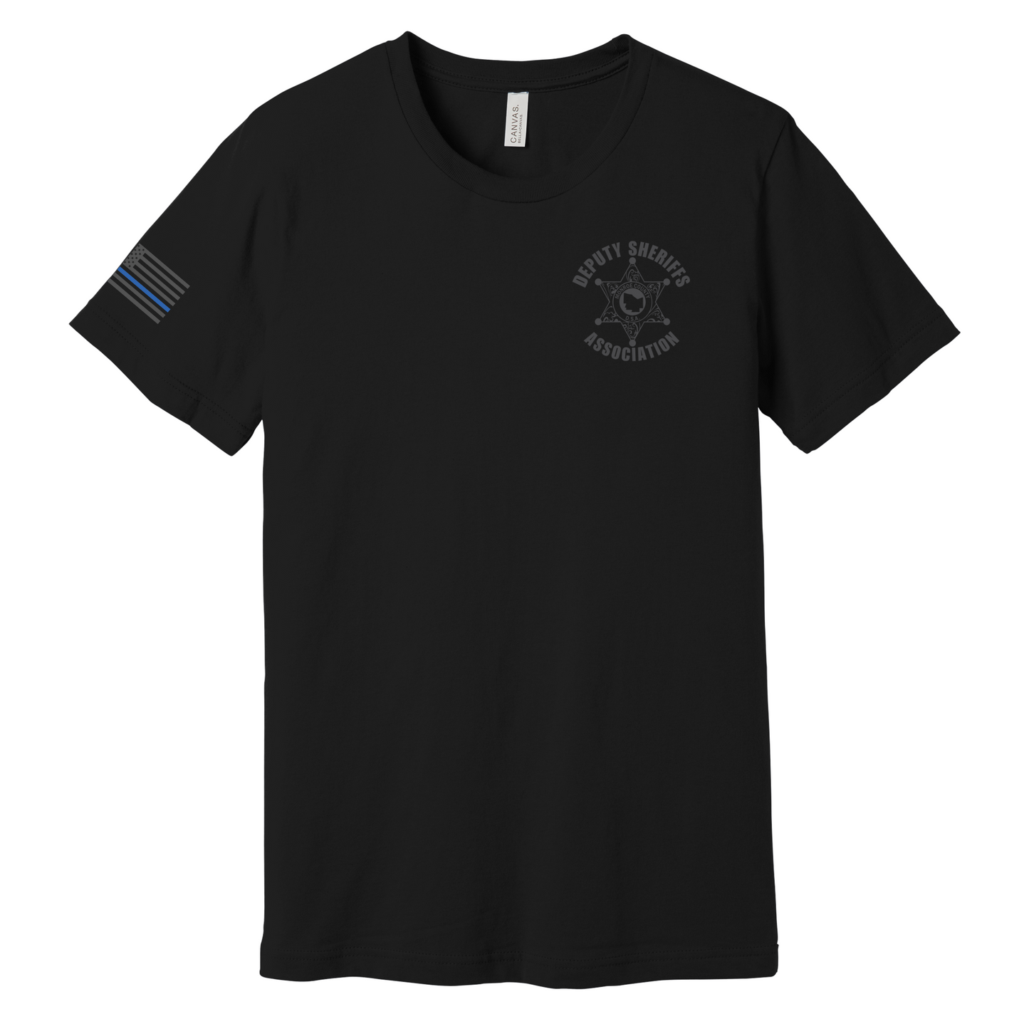 Bella Canvas Short Sleeve T-Shirt Sheriff Deputy Logo Chest w/thin blue line flag on sleeve