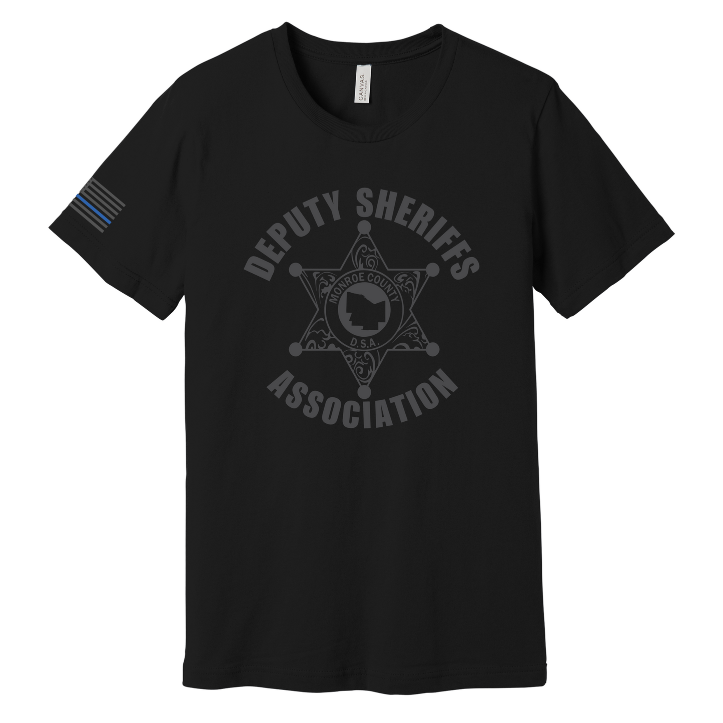 Bella Canvas Short Sleeve T-Shirt Sheriff Deputy Logo Large Front w/thin blue line flag on sleeve