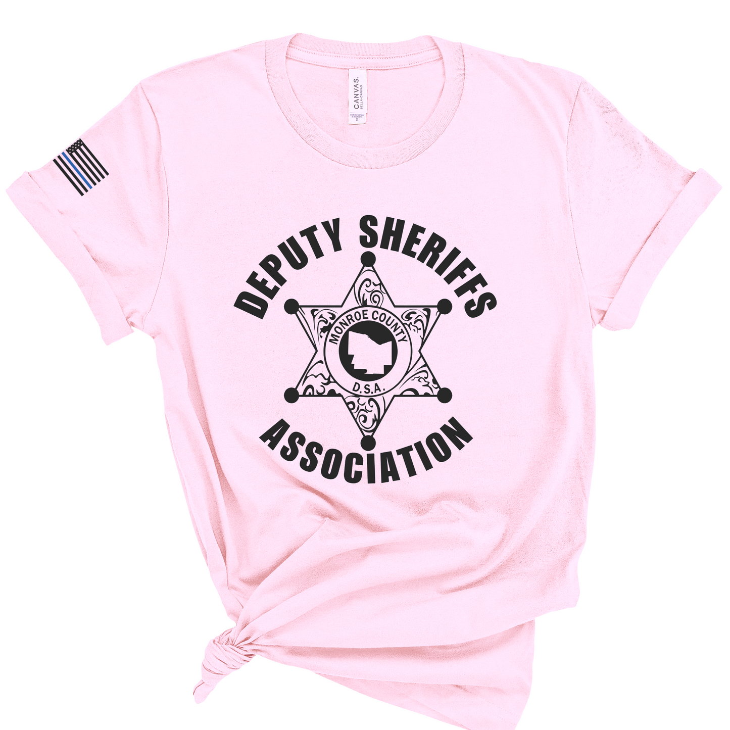 Bella Canvas Short Sleeve T-Shirt Sheriff Deputy Logo Large Front w/thin blue line flag on sleeve