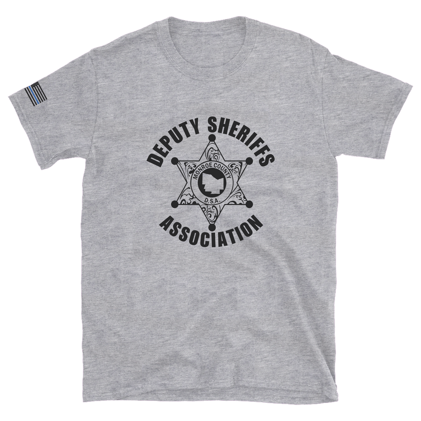 Bella Canvas Short Sleeve T-Shirt Sheriff Deputy Logo Large Front w/thin blue line flag on sleeve