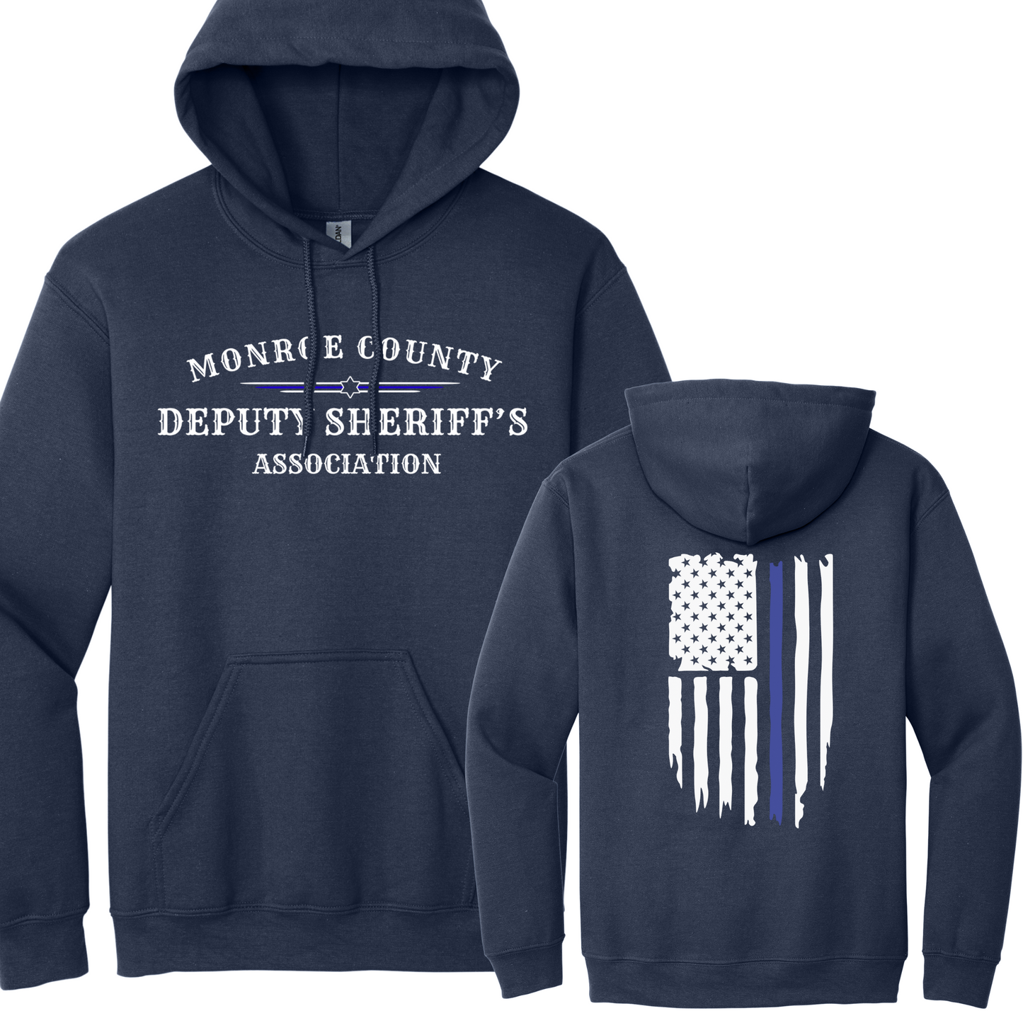 Gildan Pullover Hoodie Large Front MCDSA Logo and Back Thin Blue Line Flag