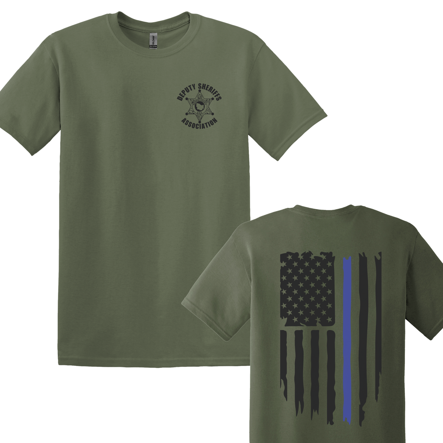 Gildan Heavy Cotton Short Sleeve T-Shirt, Deputy Chest Logo and Back Thin Blue Line Flag