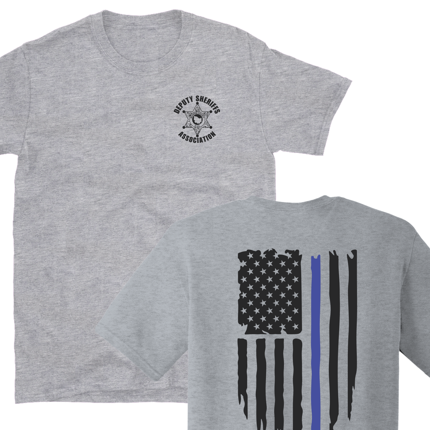 Bella Canvas Short Sleeve T-Shirt Sheriff Deputy Logo Chest w/thin blue line flag on back