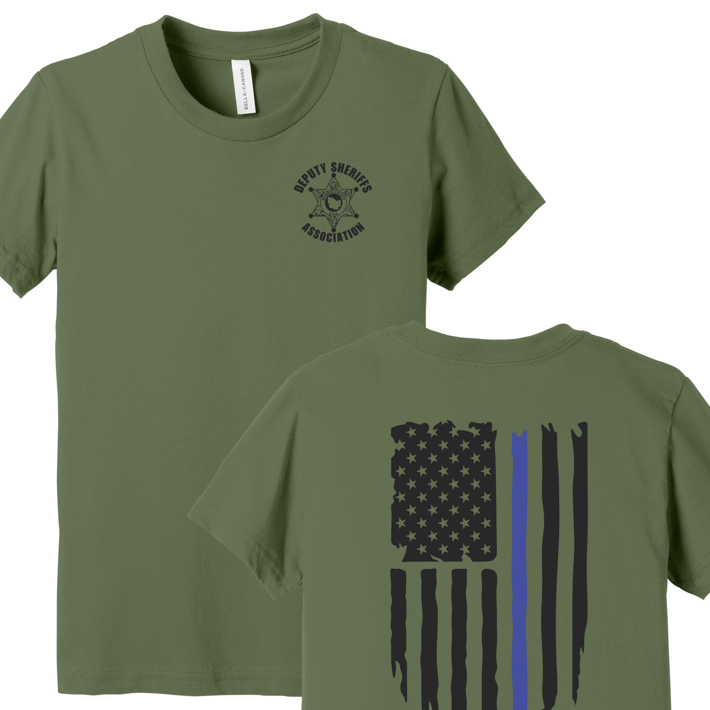 Bella Canvas Short Sleeve T-Shirt Sheriff Deputy Logo Chest w/thin blue line flag on back