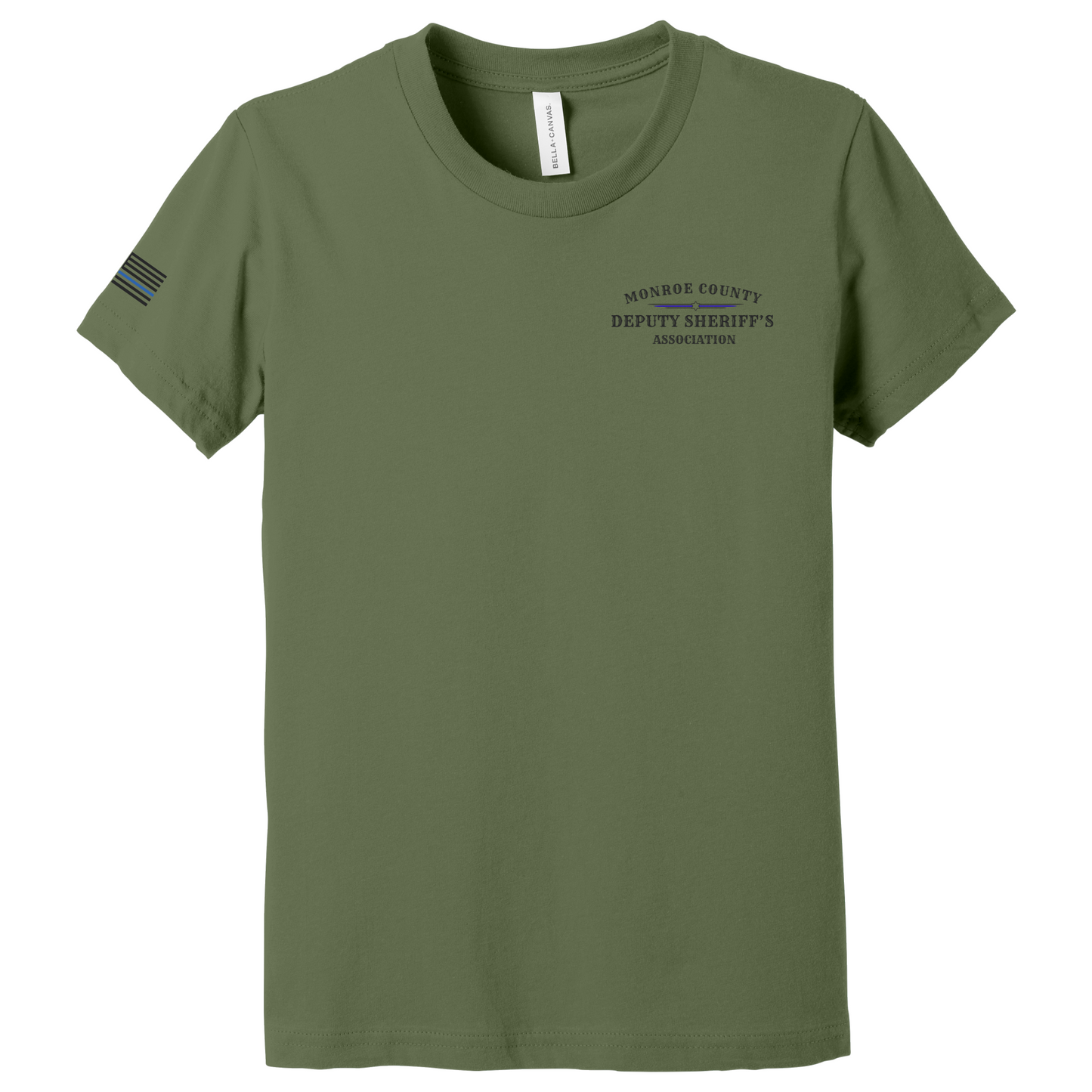 Bella Canvas Short Sleeve T-Shirt MCDSA Logo Chest and thin blue line flag on sleeve