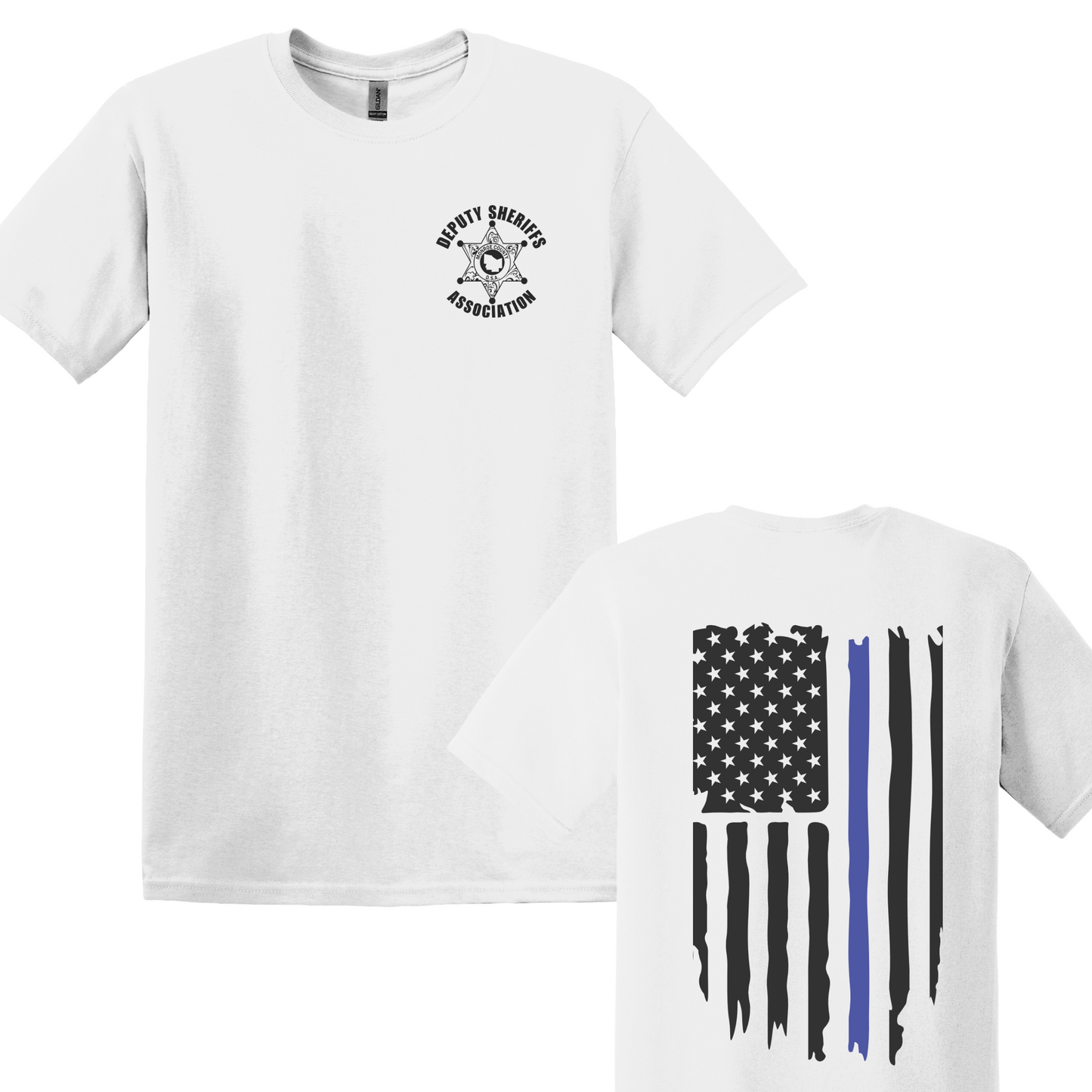 Gildan Heavy Cotton Short Sleeve T-Shirt, Deputy Chest Logo and Back Thin Blue Line Flag