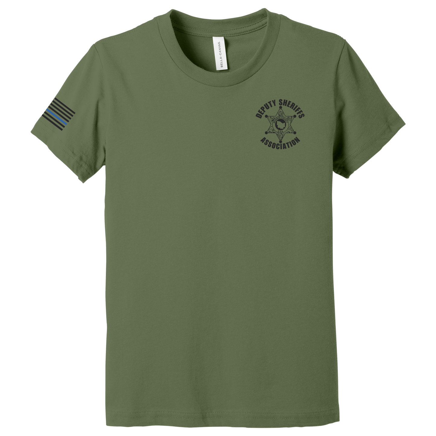 Bella Canvas Short Sleeve T-Shirt Sheriff Deputy Logo Chest w/thin blue line flag on sleeve