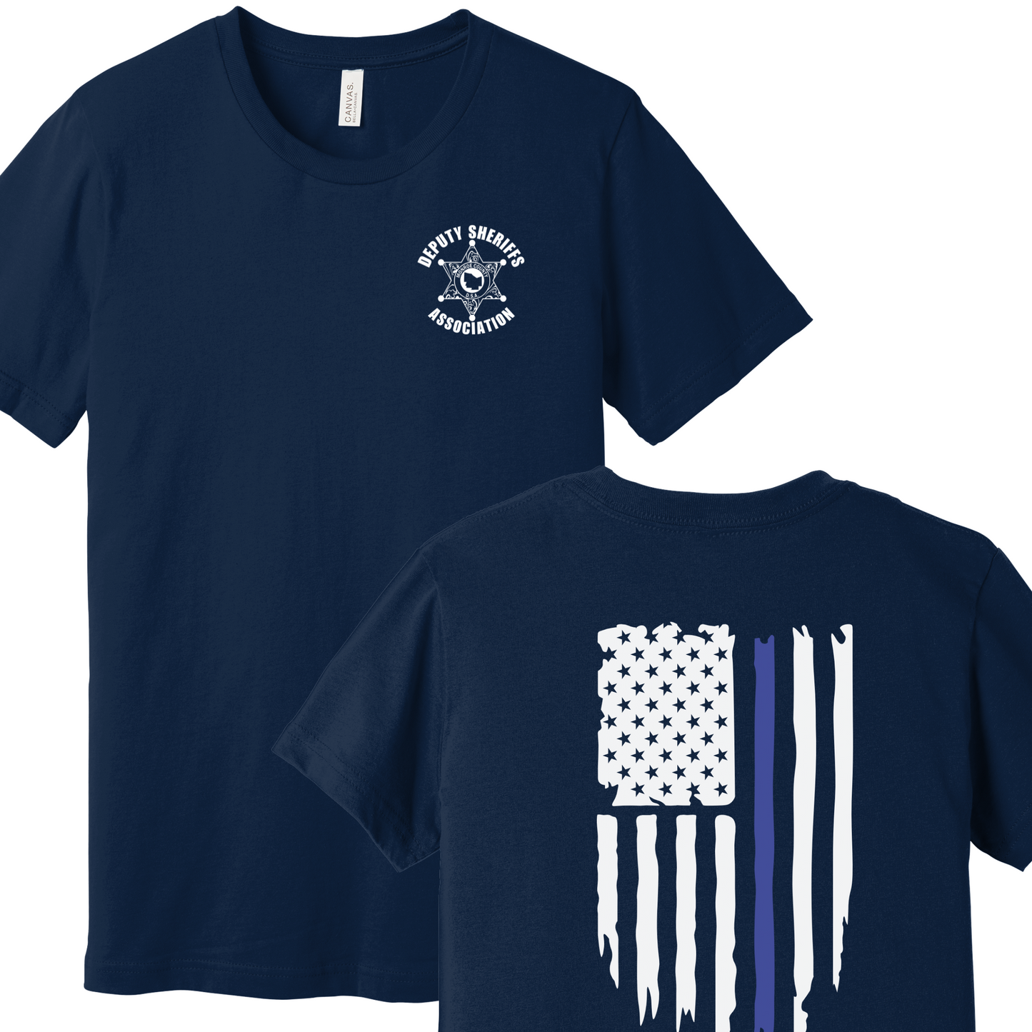 Bella Canvas Short Sleeve T-Shirt Sheriff Deputy Logo Chest w/thin blue line flag on back