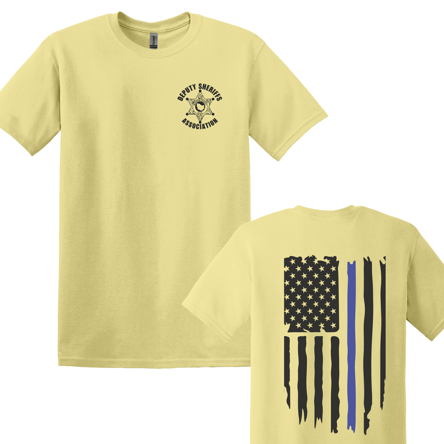 Gildan Heavy Cotton Short Sleeve T-Shirt, Deputy Chest Logo and Back Thin Blue Line Flag