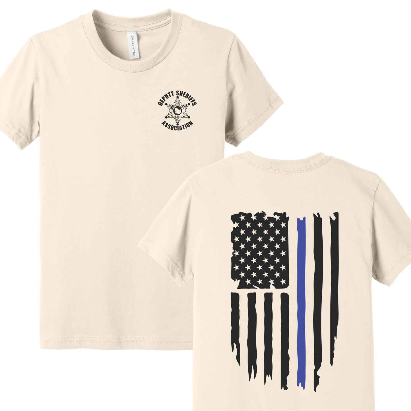 Bella Canvas Short Sleeve T-Shirt Sheriff Deputy Logo Chest w/thin blue line flag on back