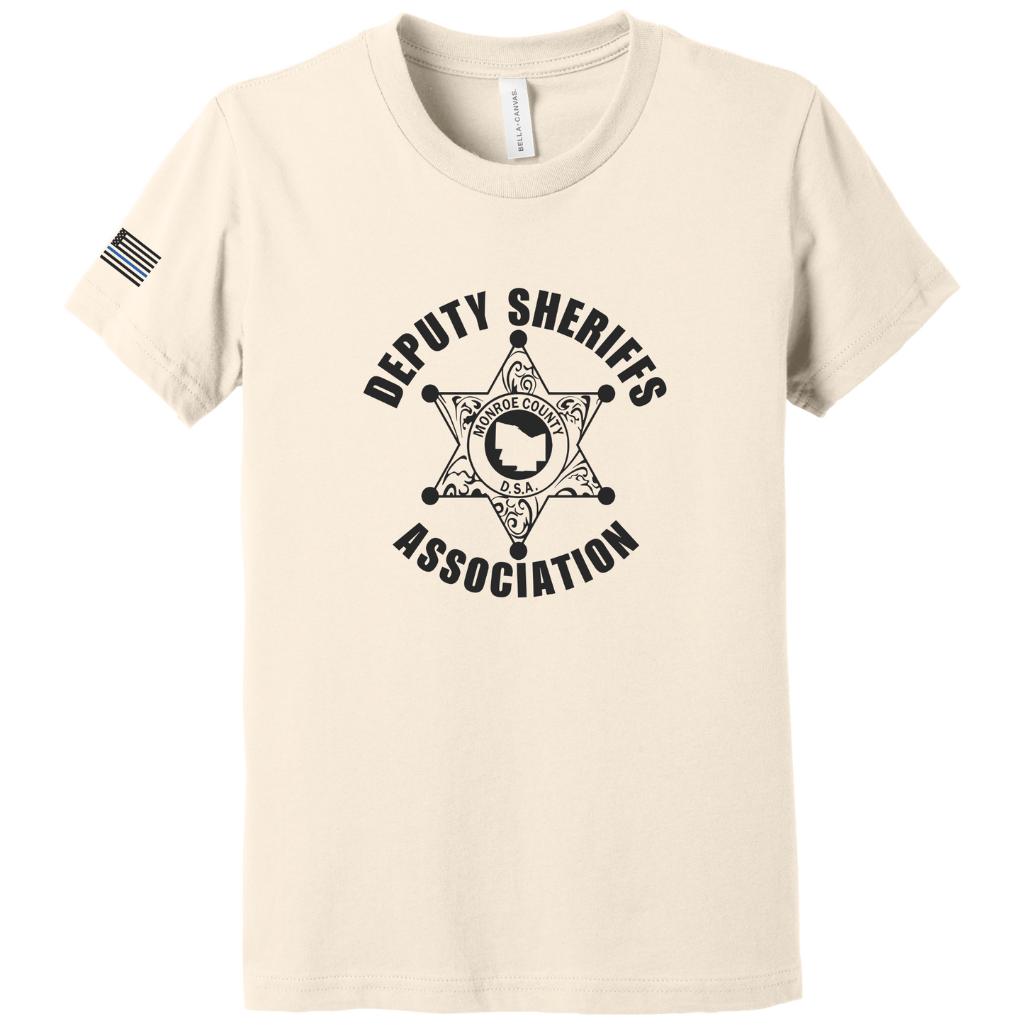 Bella Canvas Short Sleeve T-Shirt Sheriff Deputy Logo Large Front w/thin blue line flag on sleeve