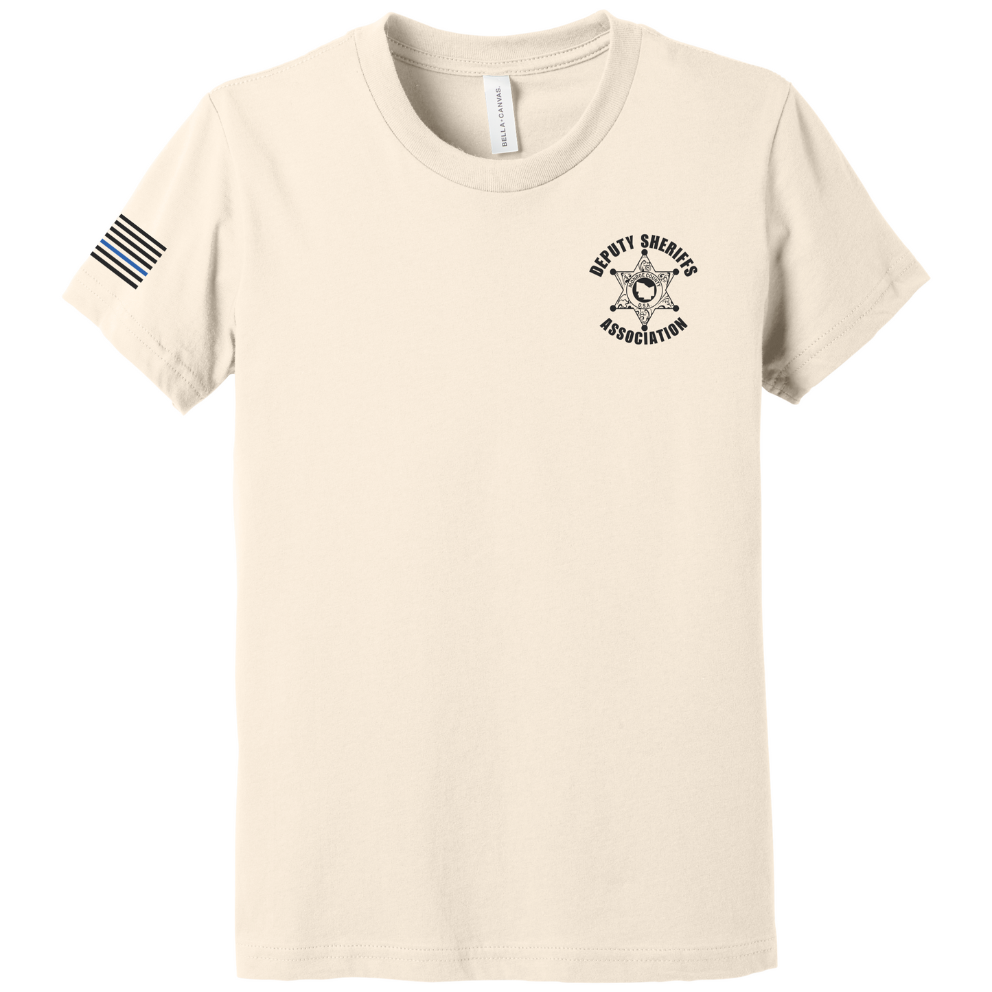 Bella Canvas Short Sleeve T-Shirt Sheriff Deputy Logo Chest w/thin blue line flag on sleeve