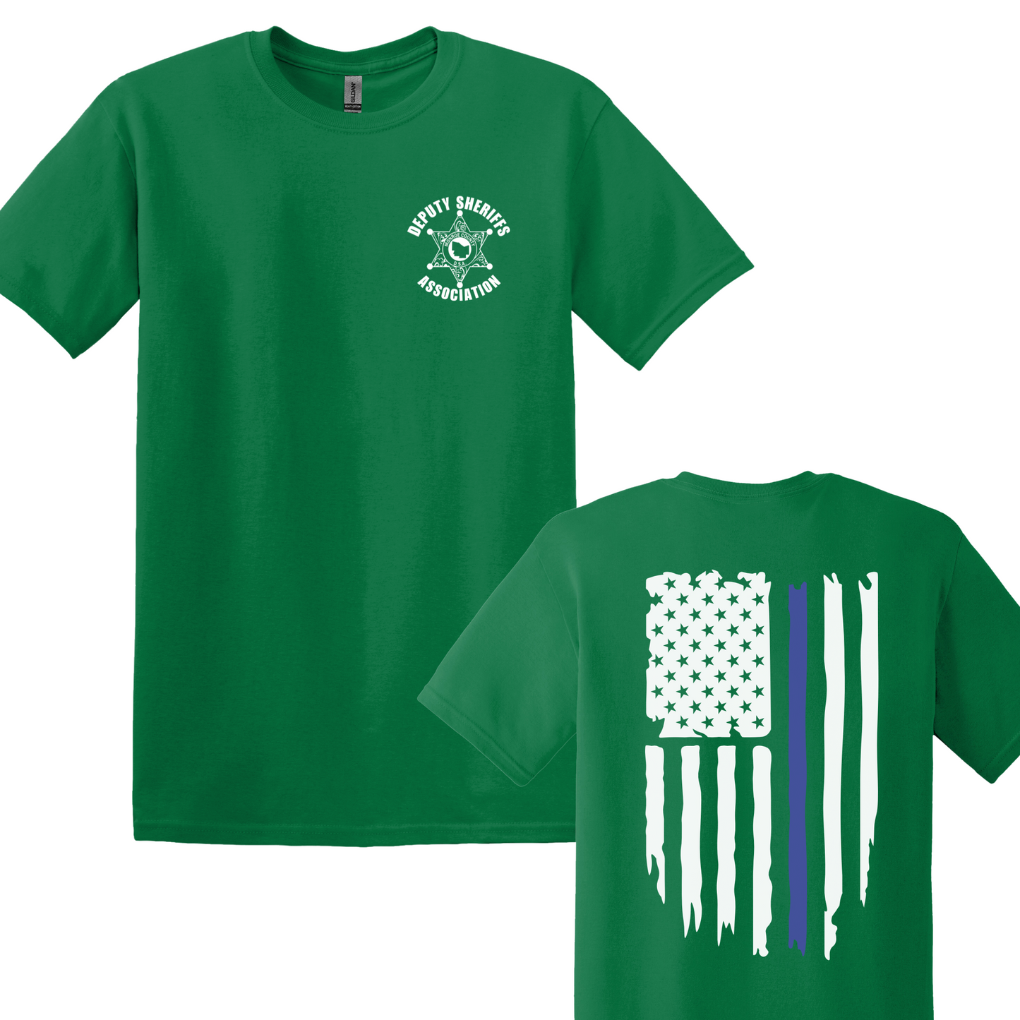 Gildan Heavy Cotton Short Sleeve T-Shirt, Deputy Chest Logo and Back Thin Blue Line Flag
